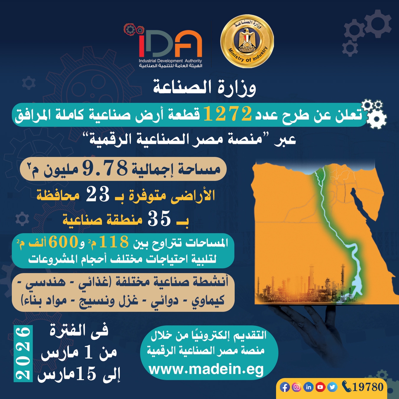 وزير الصناعة يعلن طرح 1272 قطعة أرض صناعية كاملة المرافق على منصة مصر الصناعية الرقمية بإجمالي مساحة 9.78 مليون متر مربع في 23 محافظة