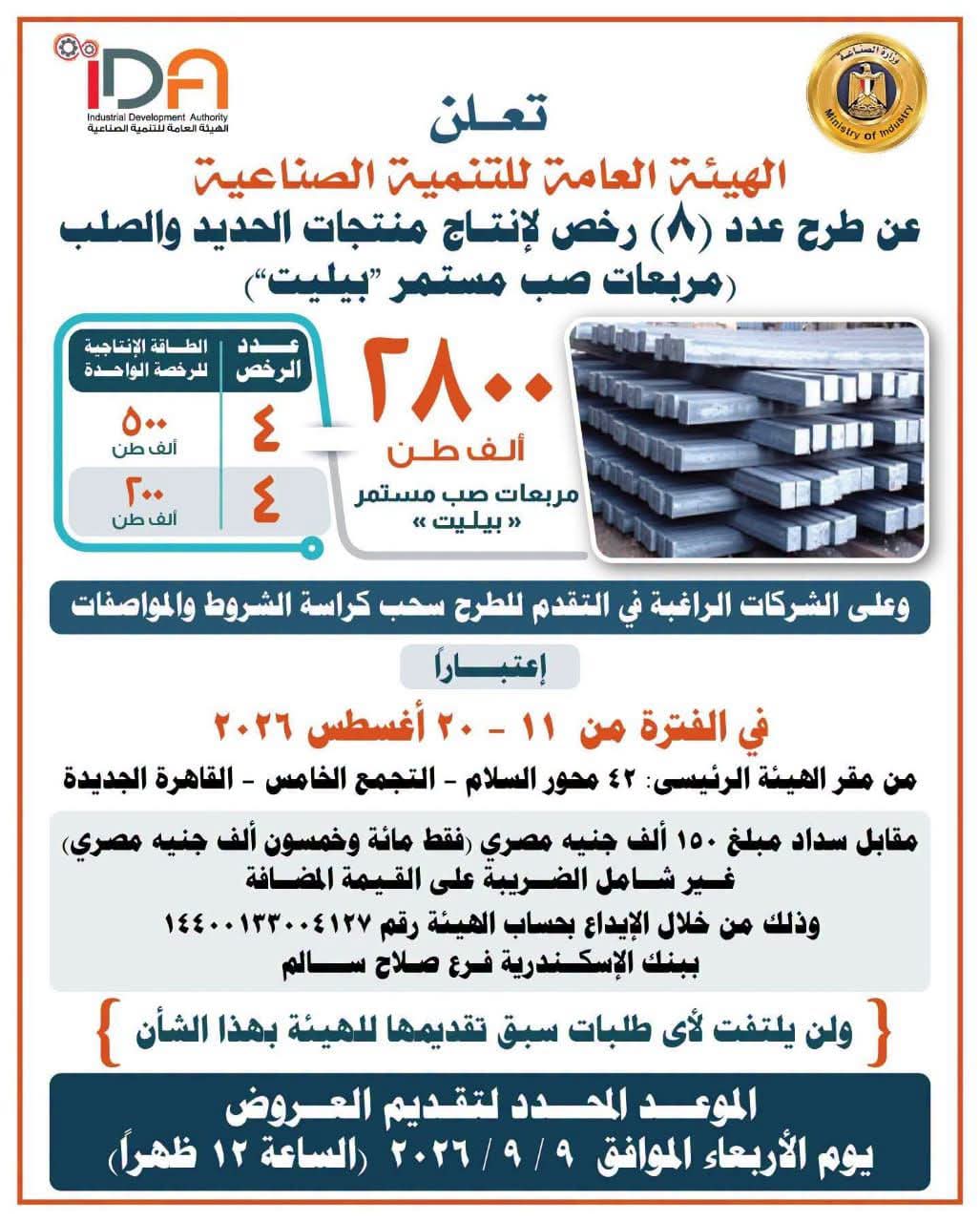 التنمية الصناعية تعلن: الخميس المقبل آخر موعد لسحب كراسات الشروط الخاصة برخص إنتاج البيليت المطروحة بإجمالي 8 رخص بطاقة إنتاجية إجمالية 2.8 مليون طن سنويًا